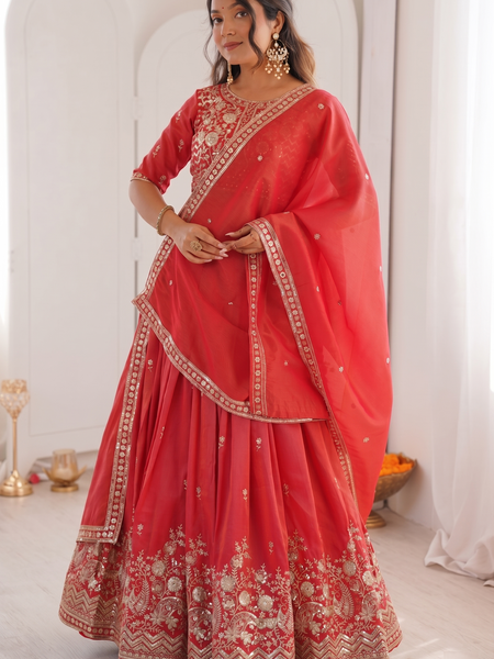 Embroidered Semi Stitched Lehenga Choli (Red)