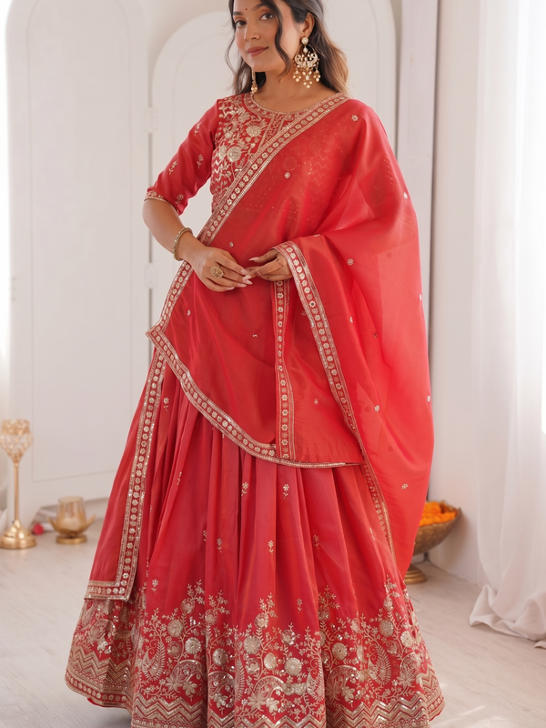 Embroidered Semi Stitched Lehenga Choli (Red)