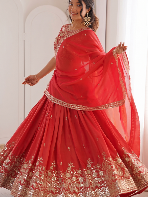 Embroidered Semi Stitched Lehenga Choli (Red)