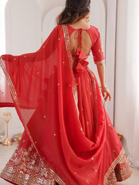 Embroidered Semi Stitched Lehenga Choli (Red)