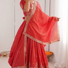 Embroidered Semi Stitched Lehenga Choli (Red)