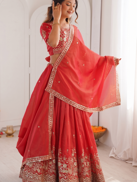 Embroidered Semi Stitched Lehenga Choli (Red)