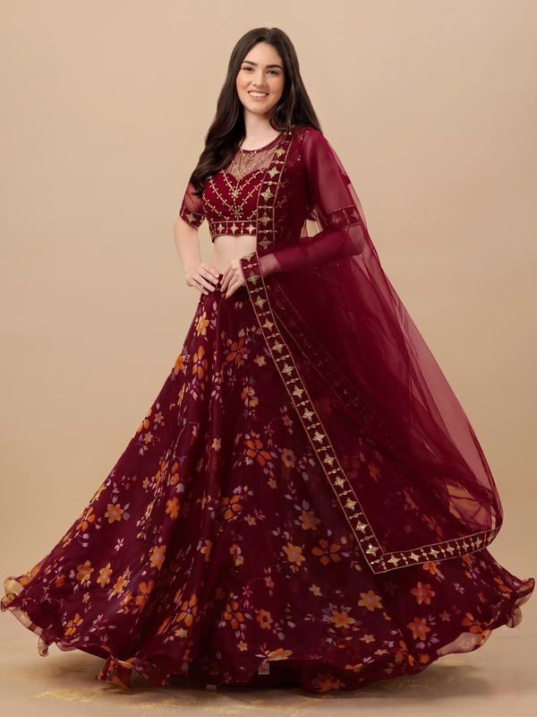 Embroidered Semi Stitched Lehenga Choli (Red)
