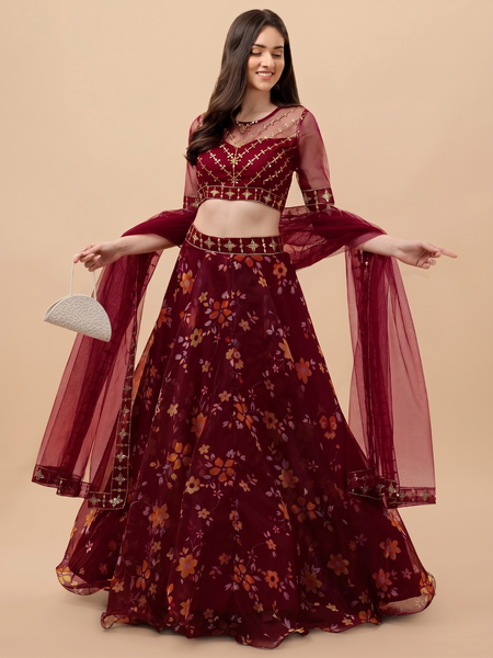 Embroidered Semi Stitched Lehenga Choli (Red)