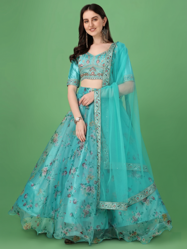 Printed Semi Stitched Lehenga Choli (Light Blue)