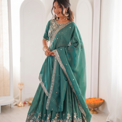 Embroidered Semi Stitched Lehenga Choli (Teal Green)