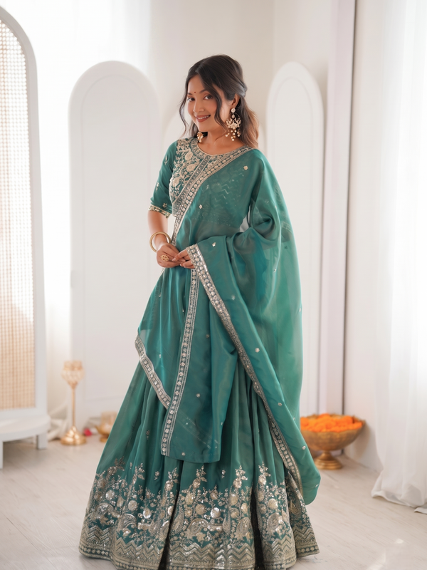 Embroidered Semi Stitched Lehenga Choli (Teal Green)