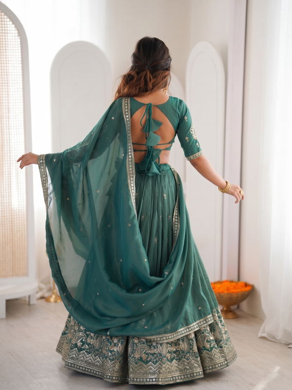 Embroidered Semi Stitched Lehenga Choli (Teal Green)
