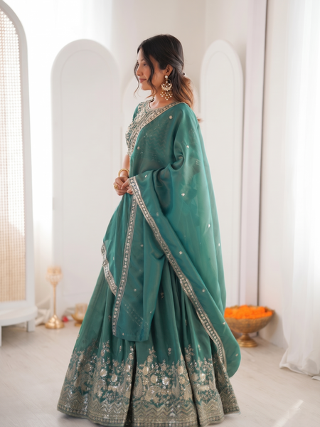 Embroidered Semi Stitched Lehenga Choli (Teal Green)