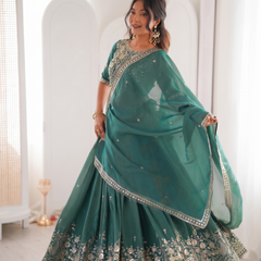 Embroidered Semi Stitched Lehenga Choli (Teal Green)