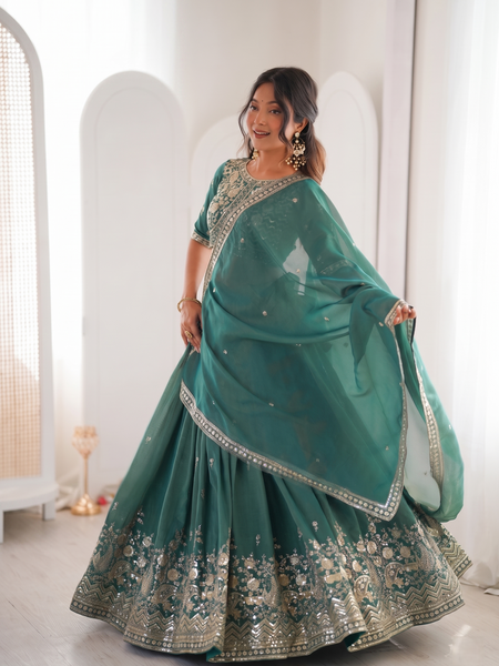 Embroidered Semi Stitched Lehenga Choli (Teal Green)