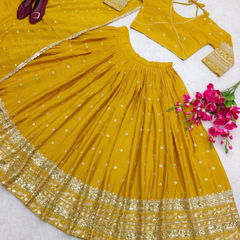 Embroidered Semi Stitched Lehenga Choli (Yellow)
