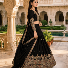 Embroidered Party Wear Semi-Stitched  Lehenga Choli Set (Black)