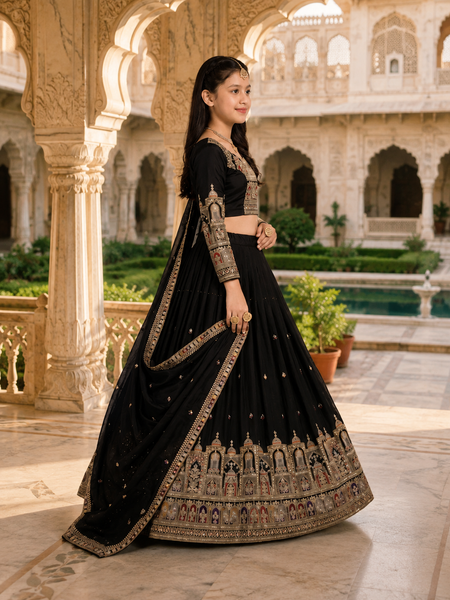 Embroidered Party Wear Semi-Stitched  Lehenga Choli Set (Black)