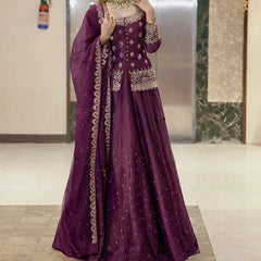 Stylish Embroidered Kurta Set with Dupatta (Wine)