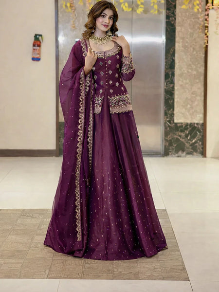 Stylish Embroidered Kurta Set with Dupatta (Wine)