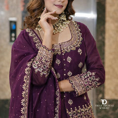 Stylish Embroidered Kurta Set with Dupatta (Wine)