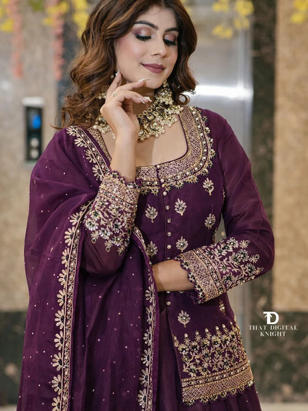 Stylish Embroidered Kurta Set with Dupatta (Wine)