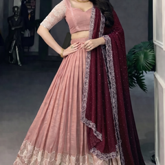 Self Design Semi Stitched Lehenga & Crop Top (Pink, Maroon)