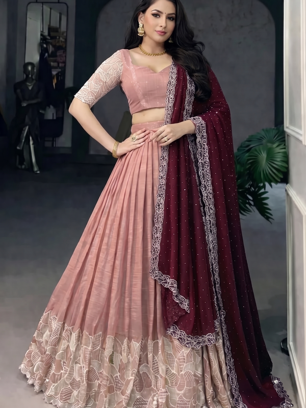 Self Design Semi Stitched Lehenga & Crop Top (Pink, Maroon)