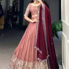 Self Design Semi Stitched Lehenga & Crop Top (Pink, Maroon)