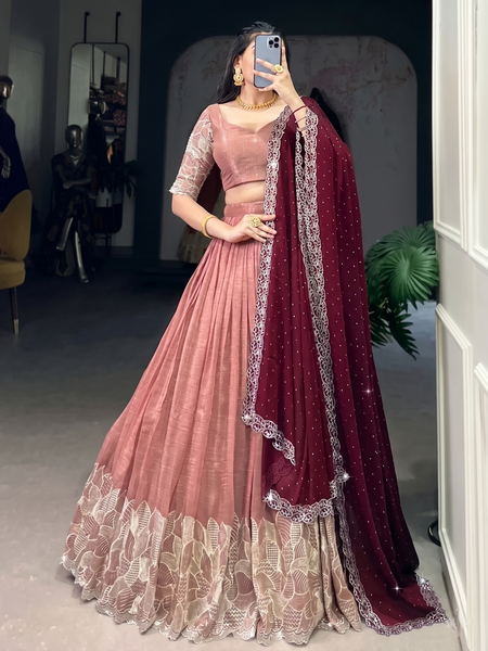 Self Design Semi Stitched Lehenga & Crop Top (Pink, Maroon)