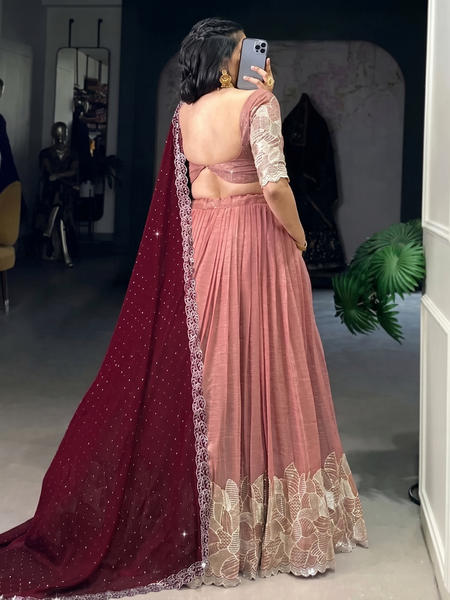 Self Design Semi Stitched Lehenga & Crop Top (Pink, Maroon)