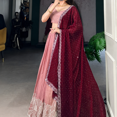 Self Design Semi Stitched Lehenga & Crop Top (Pink, Maroon)
