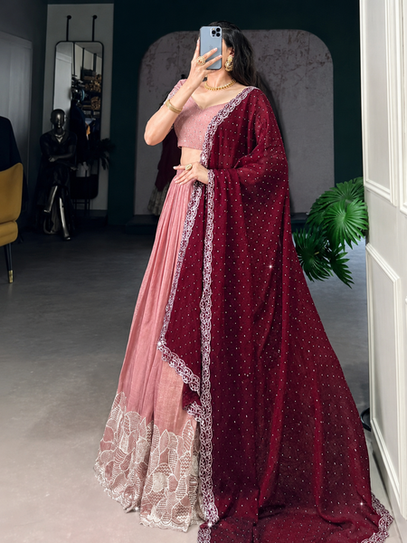Self Design Semi Stitched Lehenga & Crop Top (Pink, Maroon)