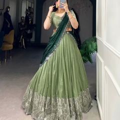 Self Design Semi Stitched Lehenga & Crop Top (Dark Green, Green)