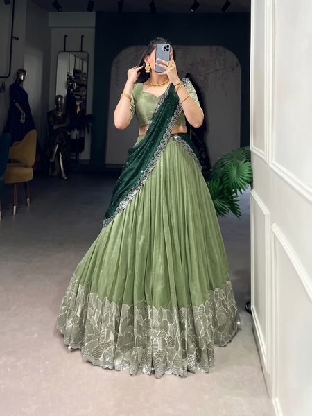 Self Design Semi Stitched Lehenga & Crop Top (Dark Green, Green)
