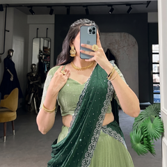 Self Design Semi Stitched Lehenga & Crop Top (Dark Green, Green)