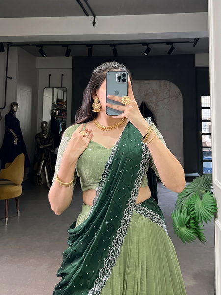 Self Design Semi Stitched Lehenga & Crop Top (Dark Green, Green)