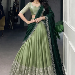 Self Design Semi Stitched Lehenga & Crop Top (Dark Green, Green)
