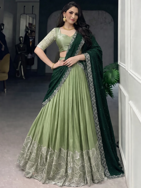 Self Design Semi Stitched Lehenga & Crop Top (Dark Green, Green)
