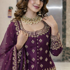 Stylish Embroidered Kurta Set with Dupatta (Wine)