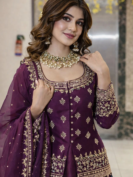 Stylish Embroidered Kurta Set with Dupatta (Wine)