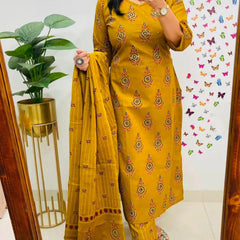 Yellow Printed Viscose Rayon Kurta Pant Dupatta Set for Women