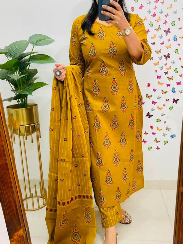 Yellow Printed Viscose Rayon Kurta Pant Dupatta Set for Women