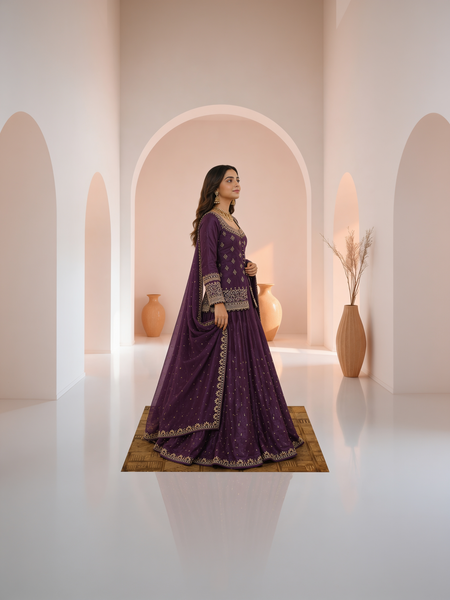 Stylish Embroidered Kurta Set with Dupatta (Wine)
