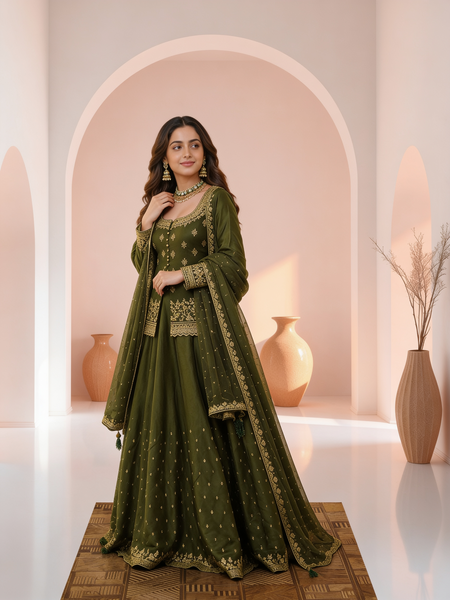 Stylish Embroidered Kurta Set with Dupatta (Green)