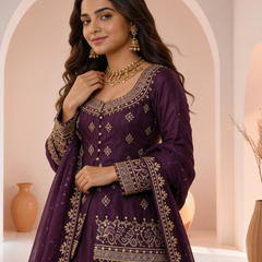 Stylish Embroidered Kurta Set with Dupatta (Wine)