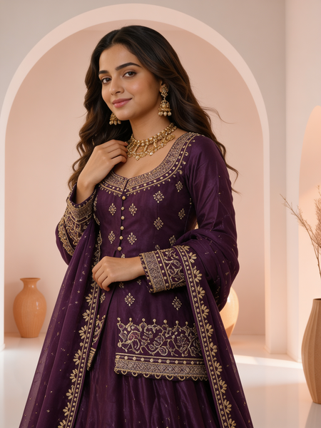 Stylish Embroidered Kurta Set with Dupatta (Wine)