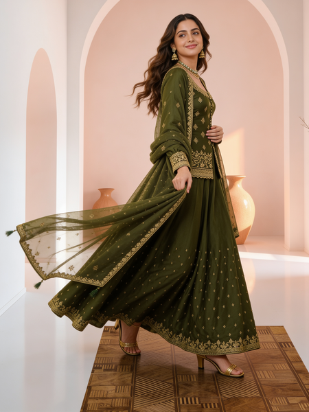 Stylish Embroidered Kurta Set with Dupatta (Green)