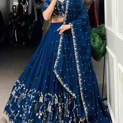 Embroidered Semi Stitched Lehenga Choli (Blue)