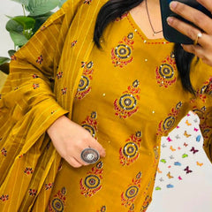 Yellow Printed Viscose Rayon Kurta Pant Dupatta Set for Women