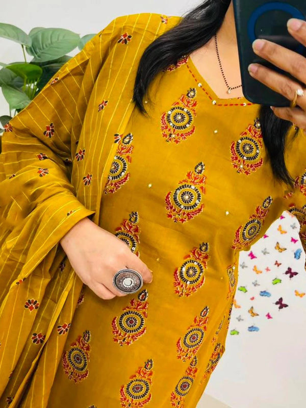 Yellow Printed Viscose Rayon Kurta Pant Dupatta Set for Women