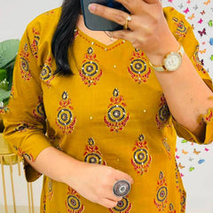 Yellow Printed Viscose Rayon Kurta Pant Dupatta Set for Women