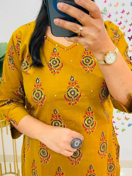 Yellow Printed Viscose Rayon Kurta Pant Dupatta Set for Women
