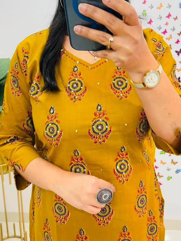 Yellow Printed Viscose Rayon Kurta Pant Dupatta Set for Women